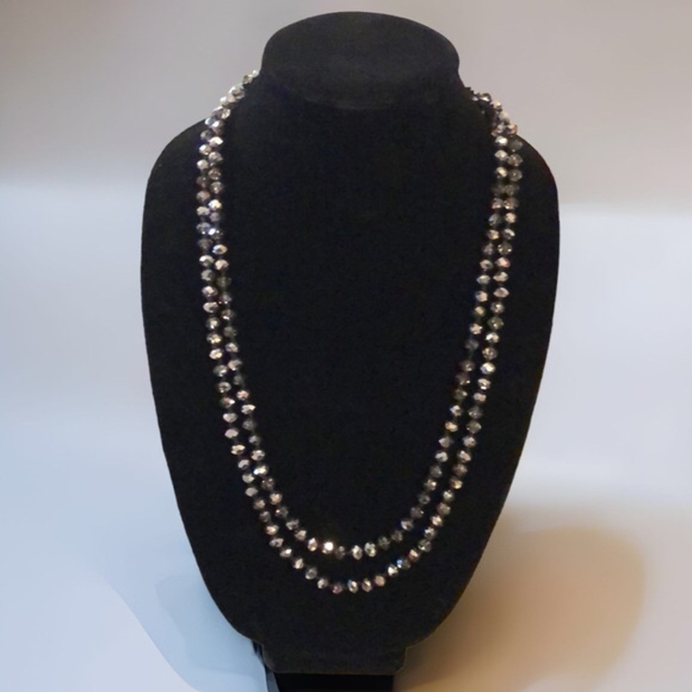 SPARKLING CRYSTAL BEADED OPERA LENGTH NECKLACE SMOKY BLACK AND METALLIC SILVER